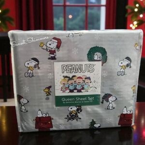 4pc Peanuts Snoopy & Woodstock Christmas Queen Bed Snowflake Sheet Set Decor NEW